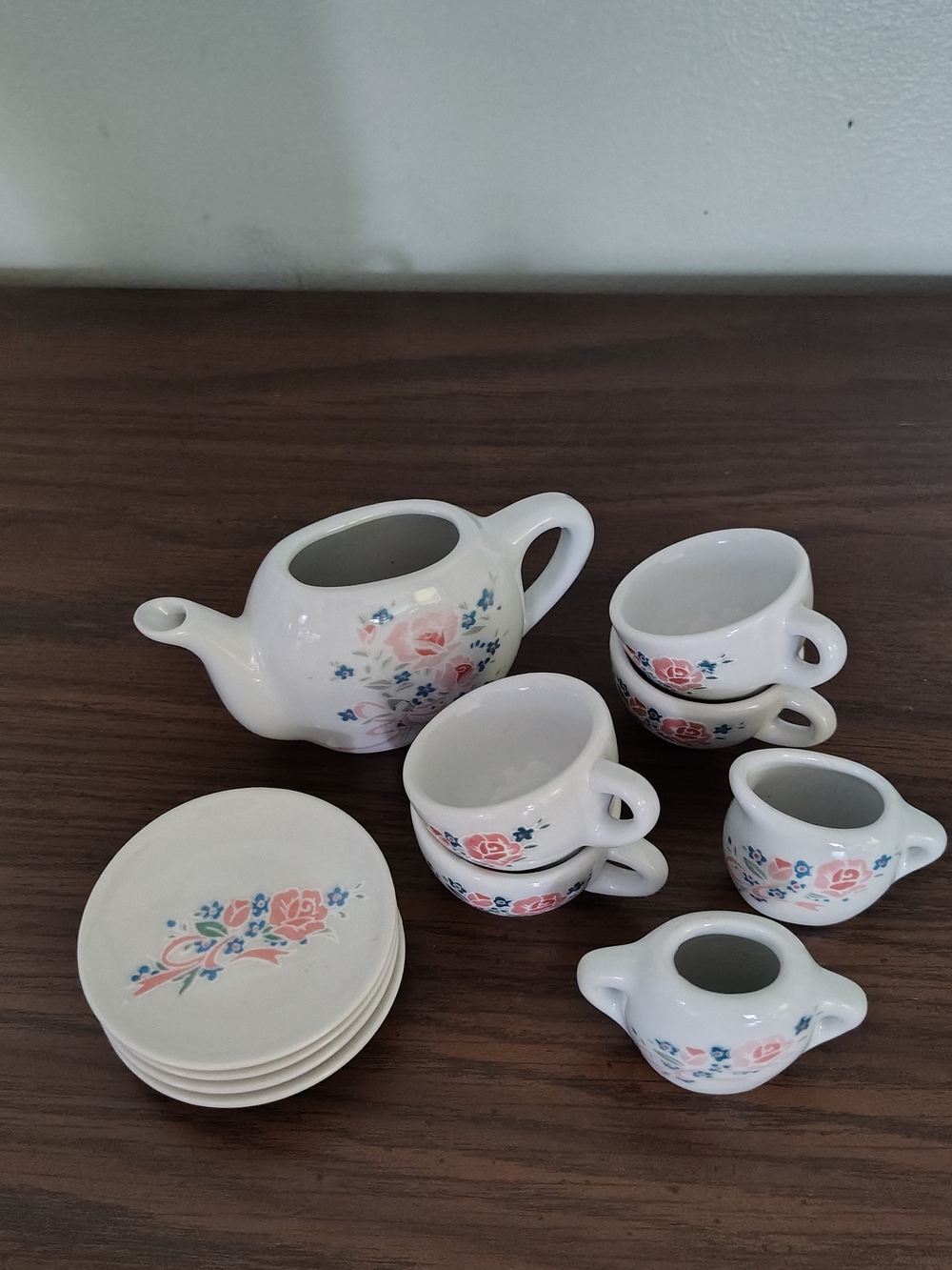 Ceramic Tea Set with Pink Rose Motif
